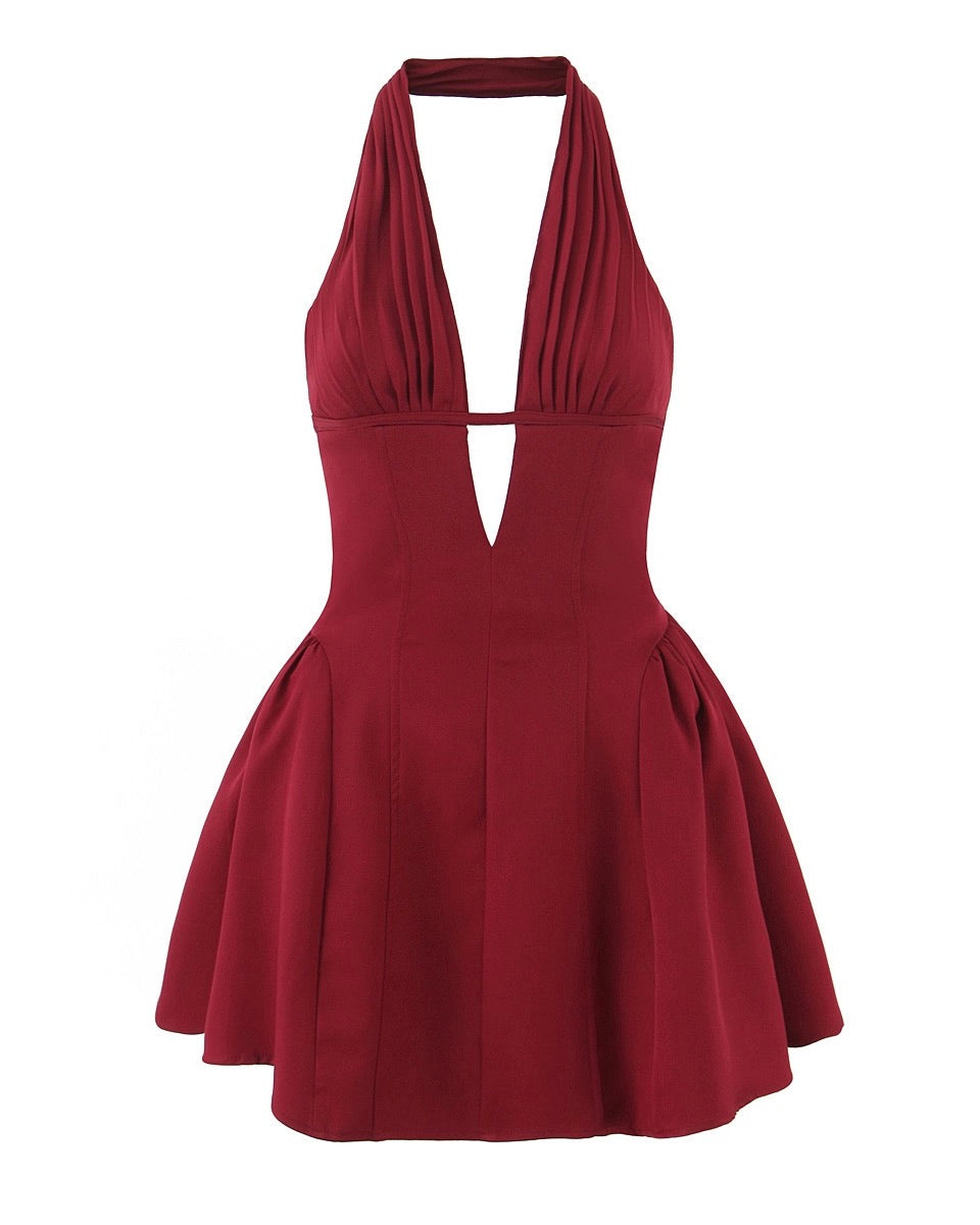 Reanna Burgundy Halter Skater Mini Dress