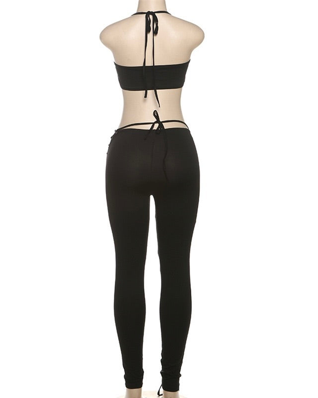 Reah Lace-Up Cutout Two-Piece Set Black